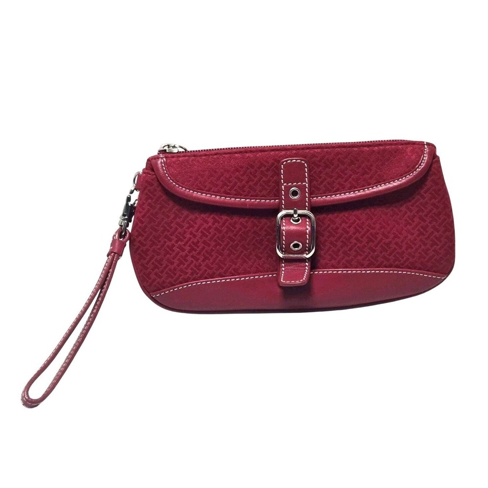 TALBOTS Red Fabric with Leather Trim Wristlet Clutch Purse Snap Zip